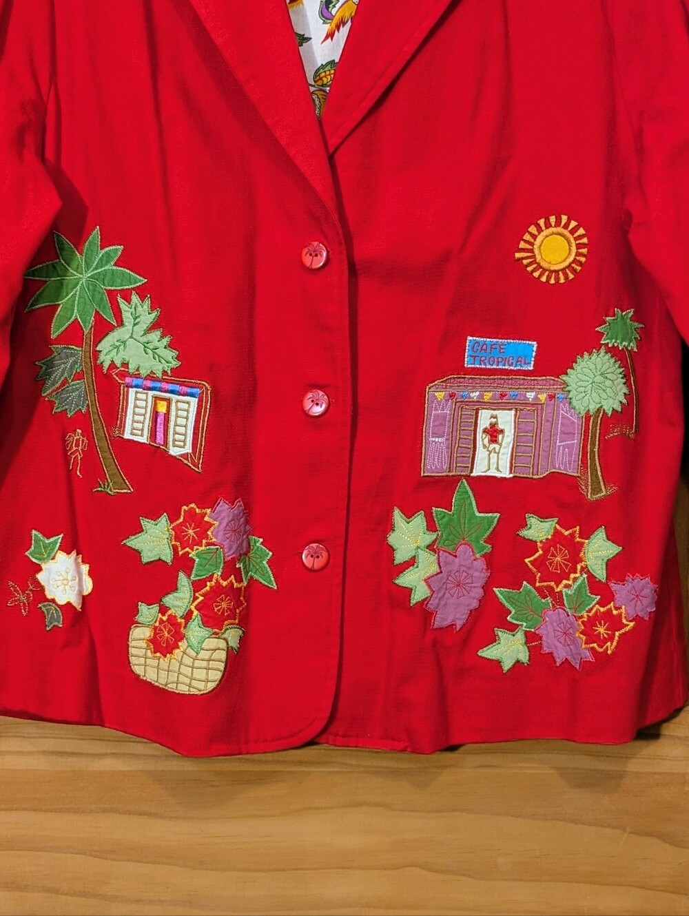 NWT Hearts Of Palm Blazer Jacket Embroidered Tropical Floral Red Sz 14 Beach VTG - Picture 2 of 14
